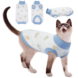 Hjyokuso Cat Jumper, Soft Cotton Sleeveless Cat Onesie, Breathable High Neck Vest for Daily Wear and Anti-Shedding, Anti-Licking, Travel, Air-Conditioned Room Protection (Blue Print M)