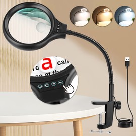 JUOIFIP Lupe mit Licht und Clip- 10X 20X Desktop Lupenlampe mit 72 LEDs, 3 Farbmodi und 4 stufenlos dimmbare Lupenleuchte für seniorena Hobby, Lesen, Nähen