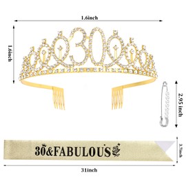 KIUEZIR 30&Fabulous Birthday Tiara & Sash Set - Rhinestone-Studded Alloy Crown with Comb & Adjustable Glitter Sash, Vintage Gold Hair Accessories for Women 30th Birthday/Anniversary/Celebration Events