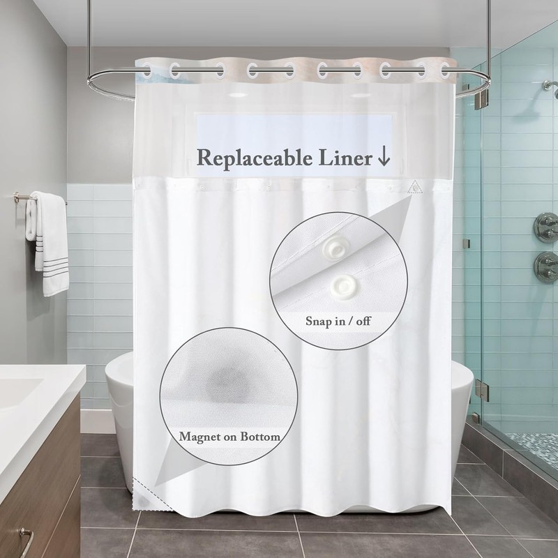 Caheansi No Hook Shower Curtain with Snap in Liner, Hotel