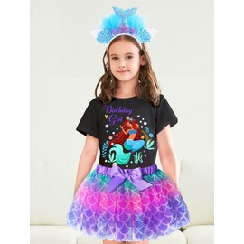 Doctor Unicorn Birthday Girls Mermaid Outfit Set Costume Tutu Skirt Dress, Mermaid Birthday Shirt, Headband & Satin Sash (Black-3, 4-5 Years)