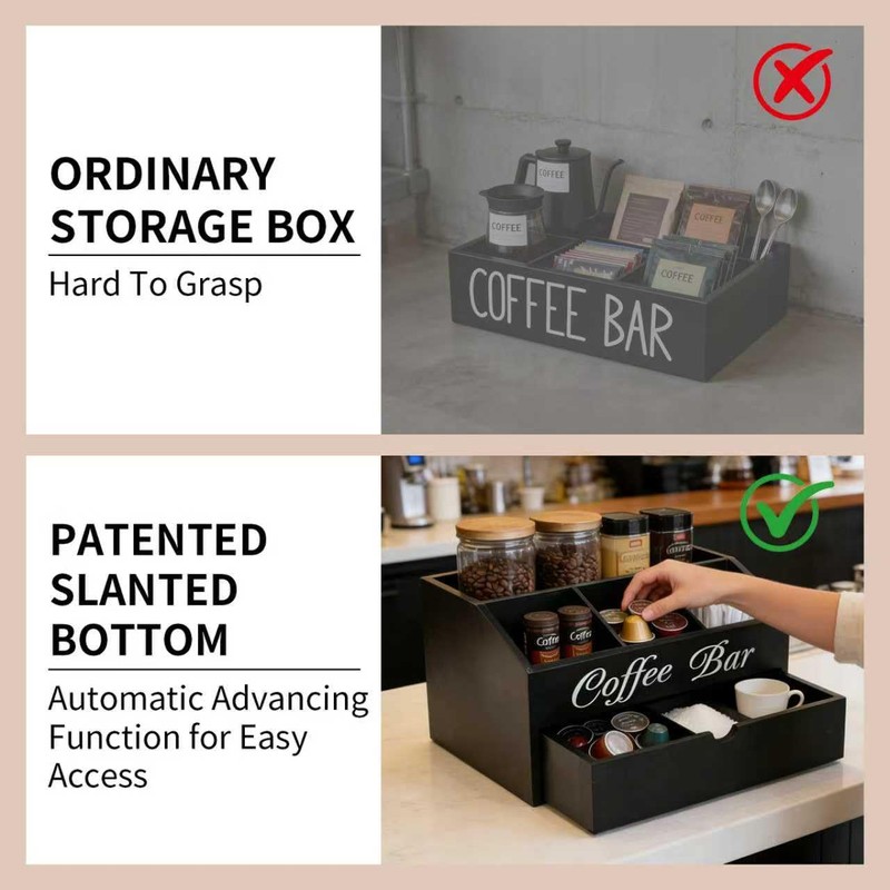 Coffee Bar Organizer for Countertop, 2-Tier Wood Station with Drawer,