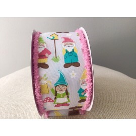 2.5” Pink Garden Gnome Wired Edge Ribbon Roll 10 Yards