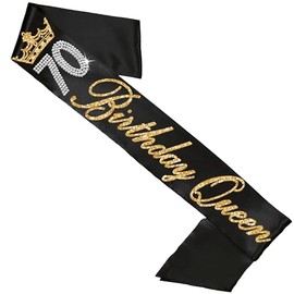 70th Birthday Sash - Gold Sparkle & Real Crystal Rhinestone 70 Birthday Queen Black PREMIUM GRADE SATIN Sash - Birthday Party Supplies for Women (BdyQn70) BLK