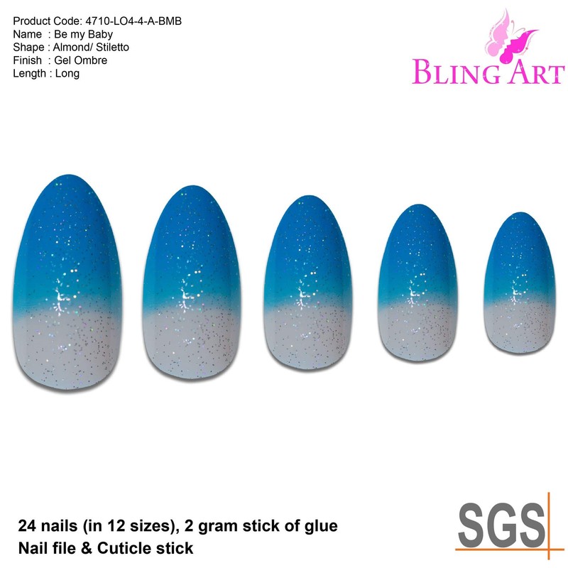 Bling Stilett False Nail Acrylic Blue Medium Tips UK