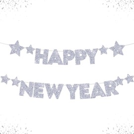 DazzJoy Happy New Year Garland Silver, Glitter New Year's Eve Decoration 2025 Garland Banner, New Year Decoration, New Year Decoration Garlands for New Year's Eve Decoration, 2025 New Year's Eve Party