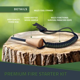 RKR OUTDOOR Ferro Rod Flint Fire Starter Kit with Handcrafted Wood Handle | 12,000+ Strikes | Survival Flint and Steel Rods with Multi-Tool Striker and Paracord Lanyard for Your Camping Gear