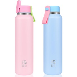 BOGI 475ml Metal Water Bottle with Straw, 2 Lids（Loop&Straw） Stainless Steel Water Bottle for Sport Gym LeakProof Double Wall Vacuum Drinks Bottle Keep 12h Hot & 24h Cold | 2Pack-Blue+Pink