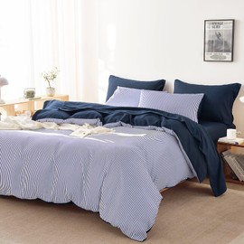 Wake In Cloud - Striped Comforter Set with Sheets, Ticking Stripe Vertical Pinstripe Neutral Farmhouse Pattern Printed, 7 Pieces Bed in a Bag, Navy Blue White, Queen Size