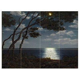 Tile Mural Landscape Night sea Moonlight on The Water by Ivan Choultse Kitchen Bathroom Shower Wall Backsplash Splashback 4x3 4" Marble, Matte