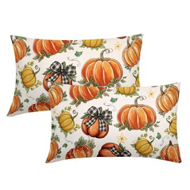 Kawani Fall Lumbar Pillow Covers 12X20 Inch Buffalo Plaid Polka Dot Pumpkins Leaves Decorative Pillow Cases Set of 2 Autumn Harvest Thanksgiving Farmhouse Throw Pillows for Cushion Sofa Couch Outdoor