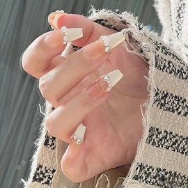 Happykau Nail Tips, Set of 24, False Nails, Length, Popular, 3D, Cute, Handmade, Nail Stickers, Fashion Nails, Wedding, Nail Tips, Bridal Nails, Pink, Cute (D, Free)