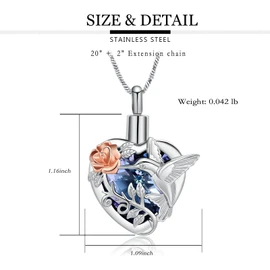 Yinplsmemory Hummingbird Urn Necklace for Ashes Crystal Heart Cremation Jewelry for Ashes for Women Keepsake Memorial Jewelry for Human/Pet Ashes