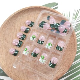 St Patrick‘s Day Press on Nails Short Square French Tip Nais Press ons Four Leaf Clover Rhinestones Design Lines Glue on Nails Light Pink Fake Nails Glossy St Patrick‘s Day False Nails for Girls 24Pcs