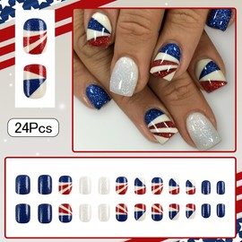 4th of July Nails - Fourth of July Nails Short Square Press On Nails Fake Nails with Red Blue White Stripe Glitter Design, Acrylic Artificial False Nails Press Ons Stick On Nails for Women