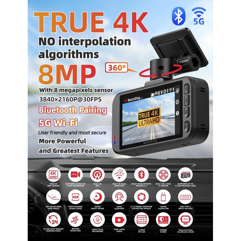 Dash Cam Front for Car 4K/2160P Dash Camera with 5G