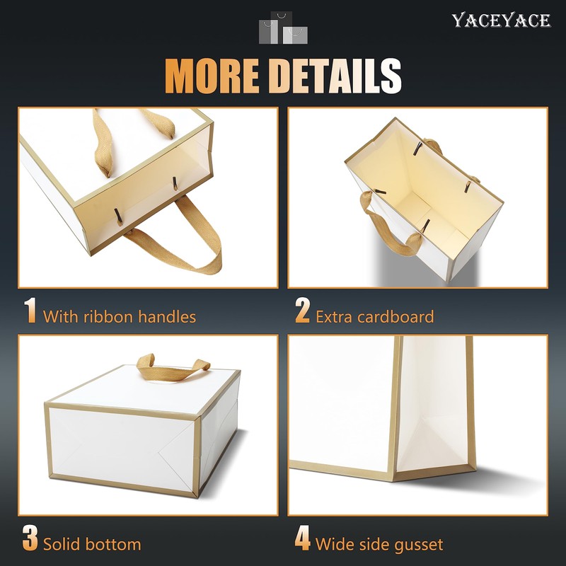 YACEYACE White Gift Bags - Medium Size, 20 Pcs, 8"x4"x10.5",