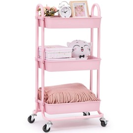 TOOLF Utility Rolling Cart with Lockable Wheels, Multi- Purpose Storage Organizer, Organizer Trolley with Handles, Serving Trolley with Mesh Baskets for Home, Office, Kitchen, Bathroom (Pink)