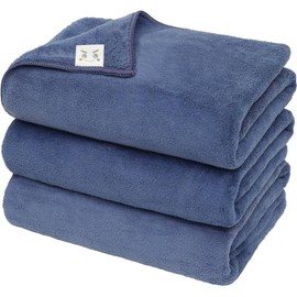LEC Gekochi-kun - Toalla de baño de microfibra de 3 piezas, color azul marino, fibra ultrafina, suave al tacto, altamente absorbente, fácil de secar