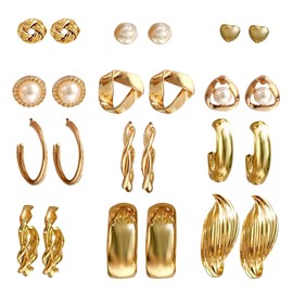 Musedimall Multipack Golden Statement Earring Set Includes Pearl Earrings, Piercing Small Stud Earrings, Hoop Earrings, Acrylic Hypoallergenic Earrings for Gift or Daily Clothing Suitable, Zinc,