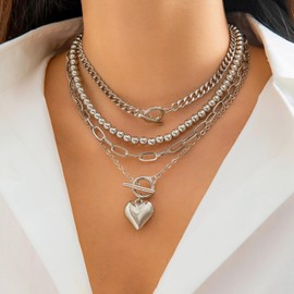 YANCHUN Chunky Gold Silver Necklace Layered Silver Chains for Women Heart Star Beaded Statement Necklace Adjustable Clasp Dainty Everyday Minimalist Gifts