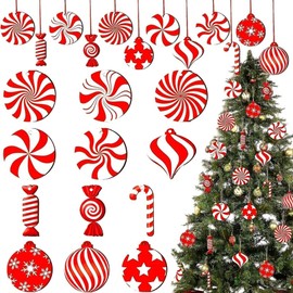 LBPEPAMZ 12 Pieces Candy Cane Ornaments Set Crutch White Red Vortex Snowflake Christmas Handing Decoration with Golden Ropes Christmas Tree Wood Carving Ornaments for Xmas Tree Home Party Decoration