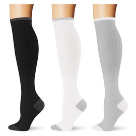 Saniripple (3 pairs) Compression Socks 20-30 mmHg Long Knee High Socks for Women and Men Sport Black/White/Lightgrey S/M