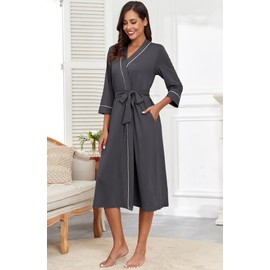 PrinStory Women Dressing Gowns Causal Kimono Robes Long Bathrobe Soft Womens 3/4 Sleeve Ladies Loungewear (Dark Gray, XL)