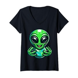 Womens Cute Alien Holding Earth Cartoon Character For Kids V-Neck T-Shirt
