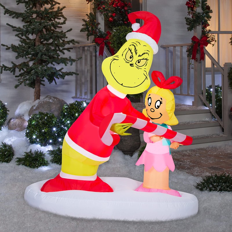 Gemmy Airblown Inflatable Grinch Passing Out Candy Canes to Cindy