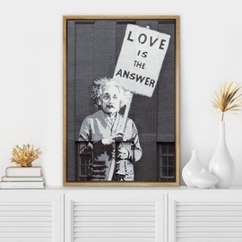 SIGNWIN Framed Canvas Print Wall Art Banksy British Artist Einstein Love Picket Sign Protest Portrait Graffiti & Street Art Urban Modern Art Bohemian for Living Room, Bedroom, Office - 24"x36" NATURAL