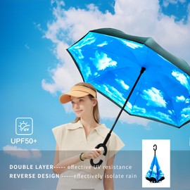 SIEPASA Spar. Saa Double Layer Inverted Umbrella with C-Shaped Handle, Anti-UV Waterproof Windproof Straight Umbrella for Car Rain Outdoor Use