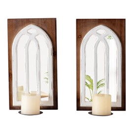 SOFE Arched Window Mirror Candle Sconces Wall Decor Set of 2, Wood Wall Sconces Candle Holder, Cathedral Rustic Wall Decor Hanging Candle Holder for Living Room, Bedroom Bathroom