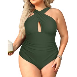 Daci - Traje de baño de una pieza para mujer con control de barriga, talla grande, con abertura y abertura, Verde militar, Large