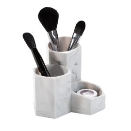 Simplify 3 Compartment Pencil Brush Holder | Dimensions: 5.24" x 5.24" x 4.72" | Great for Bathroom | Vanity | Dresser | 3 Sections | Great for Q-Tips | Light Weight | Home Storage | Marble