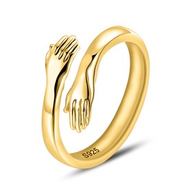 LOVECOM S925 Sterling Silver Hug Rings for Women Adjustable Hugging Hands Open Ring for Men Promise Rings Jewelry Birthday Mothers Day Gifts for Dad Mom Wife Daughters Grandma Best Friend (Gold-Double Hands Hugging, US Size 7)