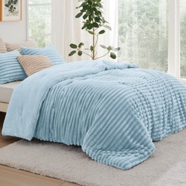 Bedsure Fluffy Comforter Set King Size - Super Soft Faux Fur Bed Set Light Blue, All Seasons Warm Plush Fleece Bedding, 3 Pieces, 1 Shaggy Fuzzy King Comforter with 2 Pillowcases