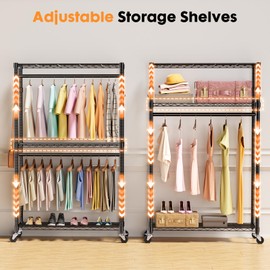 Udorich Adjustable Rolling Clothes Rack with 3 Tiers and Lockable Wheels, Freestanding Portable Clothing Organizer, Metal Wardrobe - Black