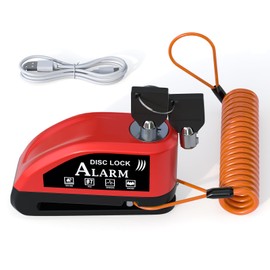 JAGASOL Motorcycle Lock Rechargeable, Alarm Disc Brake Lock with Reminder Cable, 110 dB Alarm Sound, Anti-Theft Waterproof, 2 H Fast-Charging, 9 Months Standby, 7 mm Lock Pin Universal for Bikes