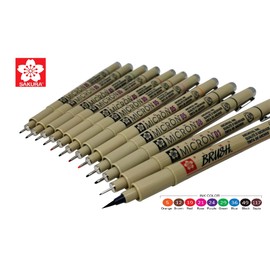 Sakura Pigma Micron pens 12 Fineliner Drawing Set (05 Assorted Color with Black Brush, 08, 01 & 05)