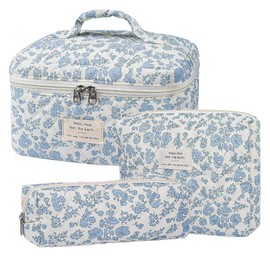Quilted Makeup Bag Set | 3X Quilted Cotton Cosmetic Bag Set - Flower Aesthetic Travel Toiletry Organizer Bag for Women, Teens, Girls