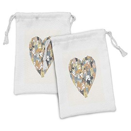 Ambesonne Cat Lover Fabric Pouch Set of 2, Heart Shape with Filling of Different Colored Cats Illustration Little Cat Paws, Small Drawstring Bag for Toiletries Masks and Favors, 9" x 6", Multicolor