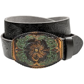 Women's Western Tooled Full Grain Leather Jean Belt Black 1.5" Wide (Black, 36)