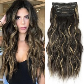 Clip in Long Wavy Synthetic Hair Extension 24 Inch 4PCS 220g Thick Hairpieces Fiber Double Weft Hair for Women (Black to Light Blonde 24")