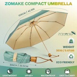 ZOMAKE Umbrella Pocket Umbrella Storm Proof - Small Umbrellas Compact with 8 Ribs, Foldable Parasol with UV Protection - Mini Umbrella Small for Men Women Girls with Wooden Handle (Green + Yellow)