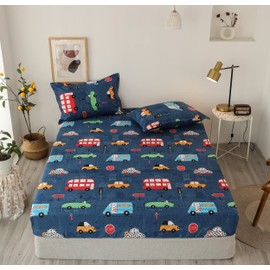 Damier Children's Fitted Sheet 100 x 200 cm Cartoon Cars Pattern Fitted Sheet Soft Microfibre Kids Boys Bed Sheet Suitable for Mattresses up to 30 cm
