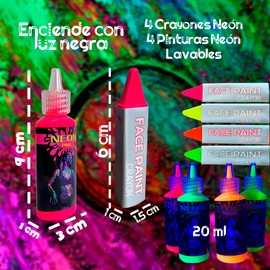 Kit Maquillaje Neón Pintura y Crayón Fluorescente Glow Luz Uv Maquillaje para Fiestas, Set de Maquillaje Neón de 8pzas Grupo Carnavallia