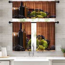 Tayney Red Wine Kitchen Window Curtains Valance and Tier Set 36 Inch, Grapes Glasses Wooden Vintage Rod Pocket Short Tier Curtain, Retro Small Cafe Drapes for Kitchen Decor