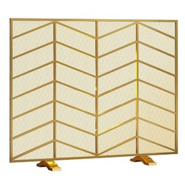Fire Beauty Single Panel Handcrafted Wrought Iron Mesh Chevron Fireplace Screen, Fire Spark Guard for Living Room, Bedroom Decor(Golden)