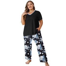 Vozanet Women's Pajama Sets Short Sleeve with Long Pant Soft Sleepwear Printed pj Loungewear With TWO Pockets Size 1X to 5X, Beige Lily/Black, XX-Large